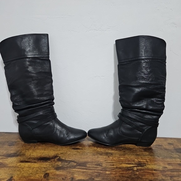 Womens Steve Madden Black Leather Knee High Boots Slouchy Buckle Sz 8 Goth - Picture 8 of 12